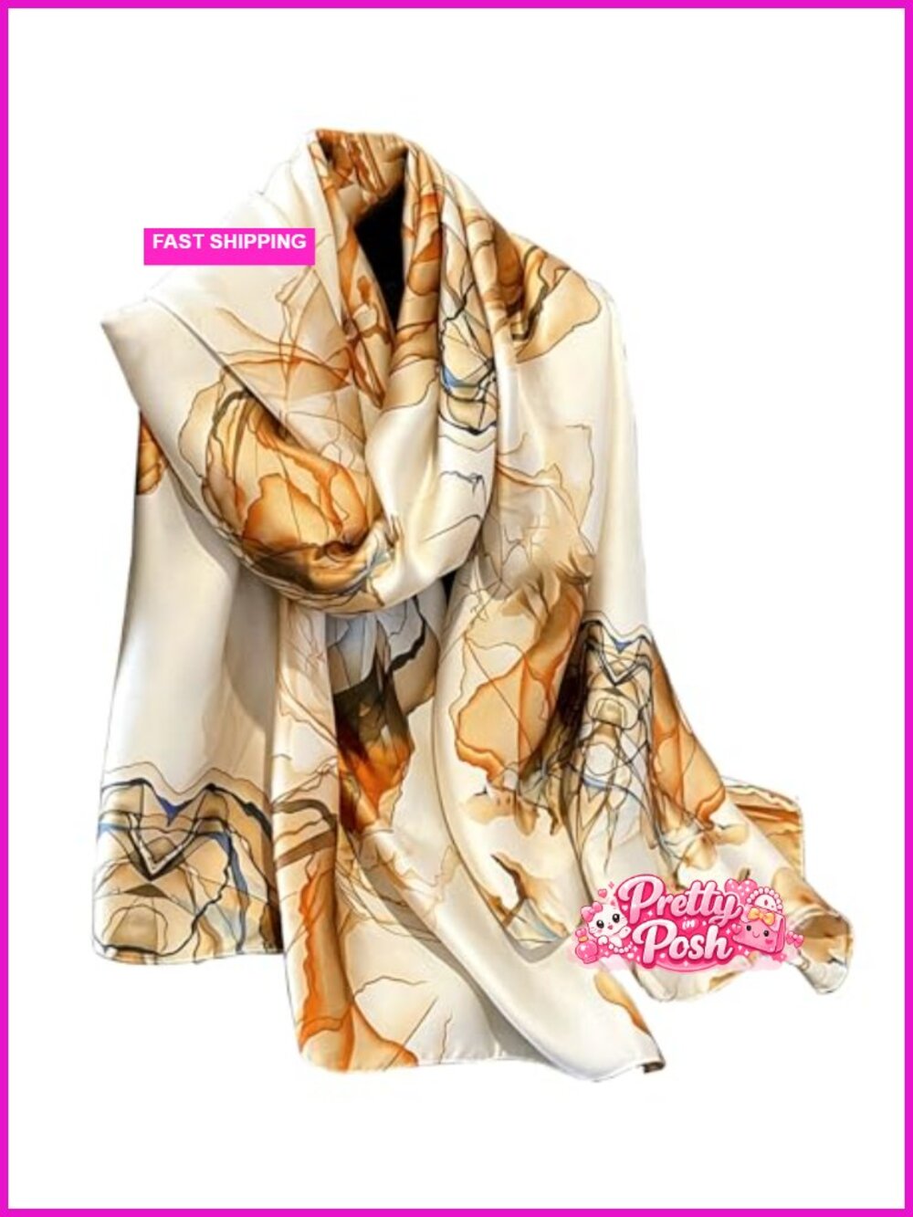 Silk Feel Satin Abstract Print Long Square Shawl Wrap Scarf